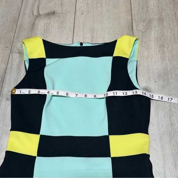 Maggy London Colorblock Sheath Dress Black Aqua Yellow cocktail Modern Chic sz 4 - Picture 3 of 6